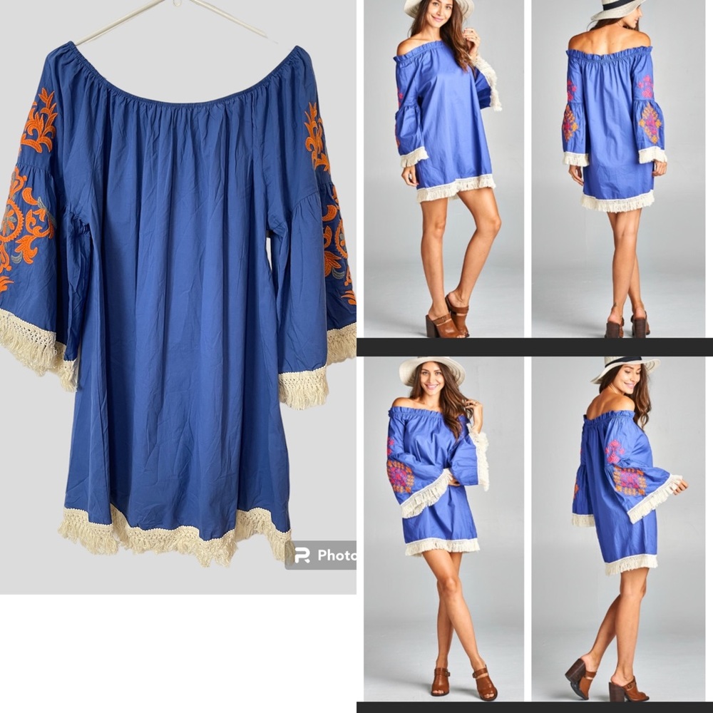 Velzera Blue Embroidered Fringe Off-Shoulder Bell Sleeves Tunic Dress Size 1X